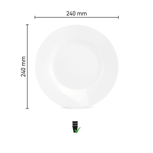 Infographic met hoogte en diameter van het porseleinen bord Basic lijn 24 cm.
