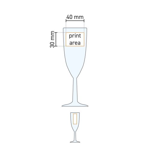 Technische werktekening van Brasserie champagneflute 15 cl. met weergave van het beschikbare drukgebied.