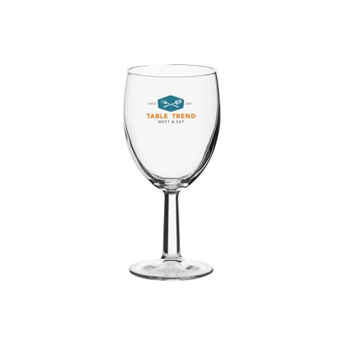 Voorzijde van Brasserie wijnglas 19,5 cl. met meerkleurig TableTrend-logo midden op het glas geplaatst.