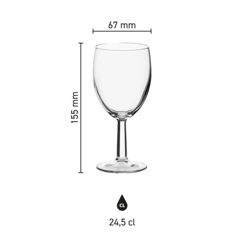 Infographic met afmetingen van Brasserie wijnglas 24,5 cl. toont glashoogte en inhoud in detail.