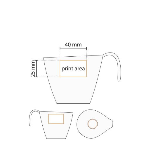 Technische werktekening van Dream kop en schotel 15 cl porselein met aanduiding van het drukoppervlak.
