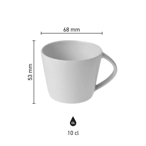 Infographic met productafmetingen van Eva espresso kop 10 cl SET porselein, inclusief hoogte en diameter.