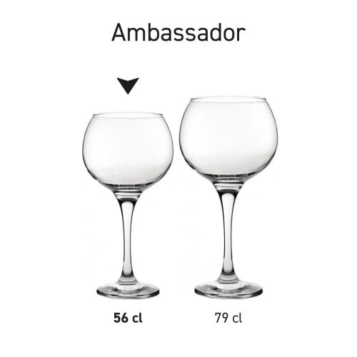 Serieoverzicht van Gin Tonic glazen Ambassador met identieke vormgeving met meerdere inhoudsmaten.
