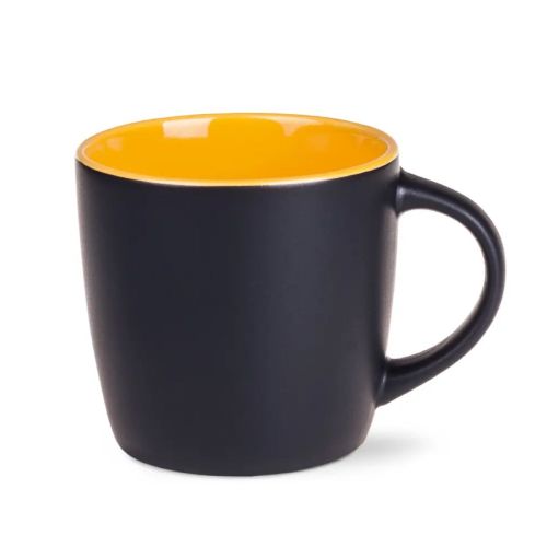 Zwarte Handy mok 30 cl. porselein met gele binnekant in vooraanzicht met strak design en glanzend oppervlak.