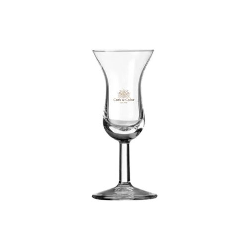 Intermezzo borrelglaasje 5 cl. van glas met lange steel, voorzien van meerkleurig CorkColor-logo op de voorkant.