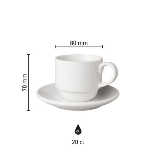 Infographic met productafmetingen van kop en schotel wit Budgetline Breed 20 cl porselein set.