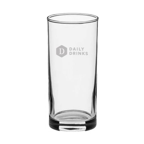 Vooraanzicht van longdrinkglas 27 cl. met subtiel gegraveerd DailyDrinks-logo op het glasoppervlak.
