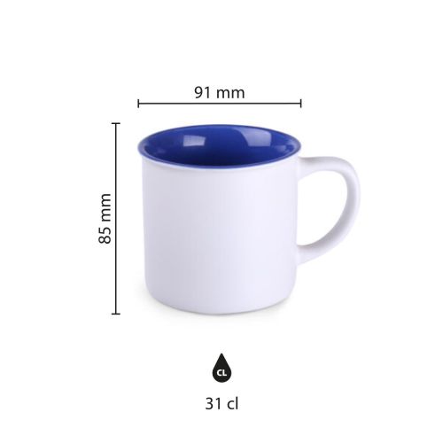 Infographic toont productafmetingen van Mok Loft Pure 31 cl keramiek, inclusief hoogte en diameter.