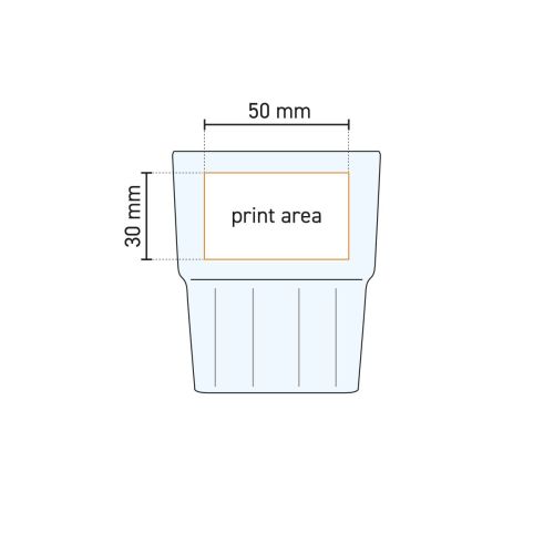 Technische werktekening van Next Spatje 20 cl glas met gemarkeerd drukgebied voor bedrukking.