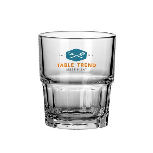 Next Spatje 20 cl. glas in vooraanzicht met TableTrend-logo in meerdere kleuren op de glaswand.