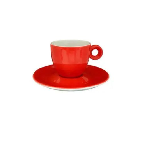 Vooraanzicht van rood-witte Rondo Espresso 8 cl. porseleinen set met compacte kop en bijpassende schotel.