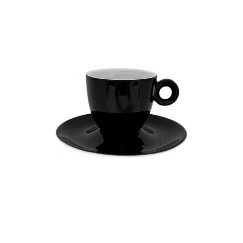 Vooraanzicht van zwart-witte Rondo Espresso 8 cl. porseleinen set met compacte kop en bijpassende schotel.