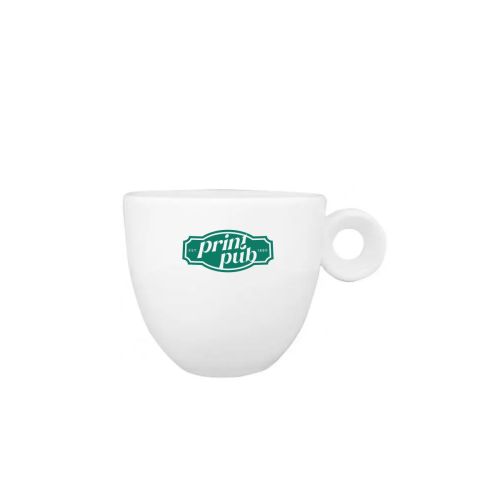 Rondo espresso kop 8 cl porselein in vooraanzicht met éénkleurig PrintPub logo centraal op de voorkant.