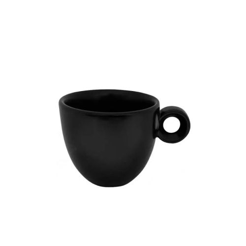 Vooraanzicht van matzwarte Rondo espresso kop 8 cl porselein met glad oppervlak en compacte vorm.