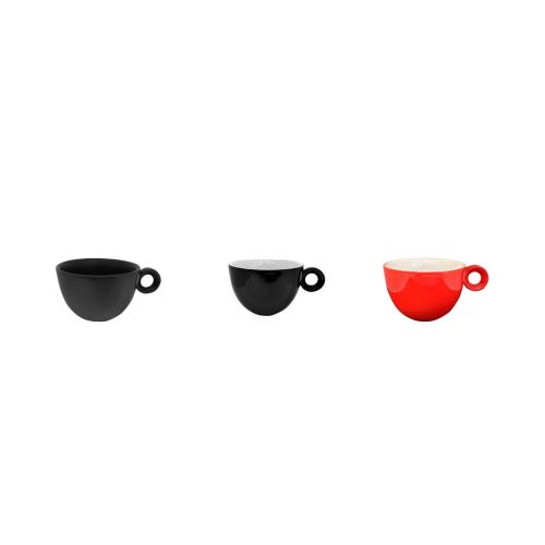 Overzicht van Rondo Koffie kop 15 cl. porselein in diverse kleuren en afwerkingen naast elkaar.