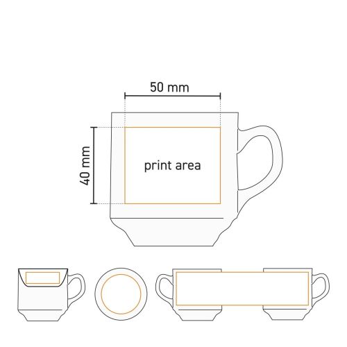Technische werktekening met drukgebied van Sara koffie wit 14 cl. set porselein voor logo.