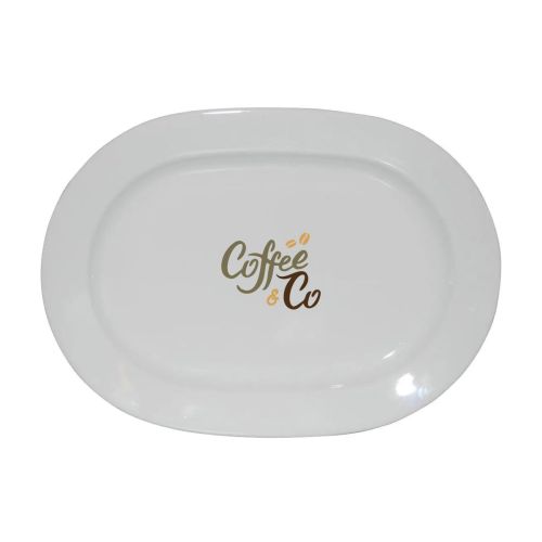 Porseleinen schaal Eva wit 24 x 17,5 cm met meerkleurig CoffeeCo-logo in vooraanzicht.