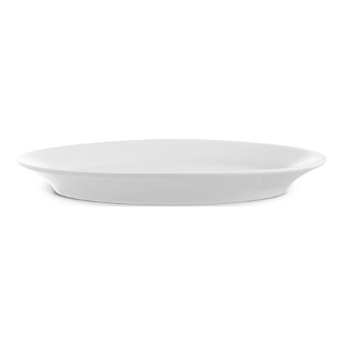 Witte porseleinen schaal Princip 32 cm in zijaanzicht, lage en brede vorm.