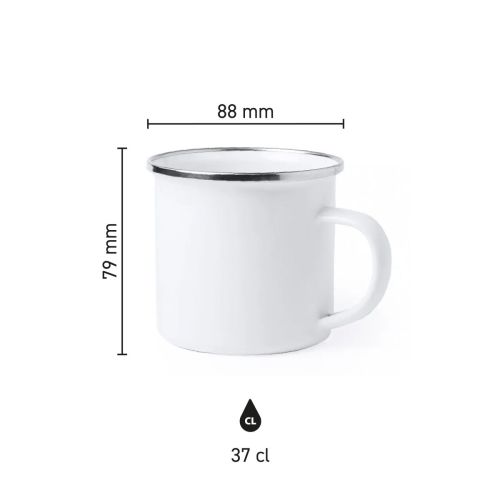 Infographic met hoogte en diameter van witte metalen sublimatiemok 37 cl in full colour uitvoering.