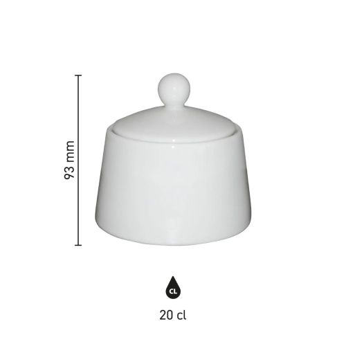 Infographic toont hoogte, diameter en inhoud van porseleinen suikerpot Eva 20 cl.