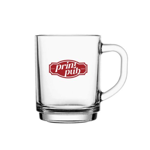 Glazen theeglas 25 cl. met rood logo van PrintPub in één kleur op de voorzijde gedrukt.