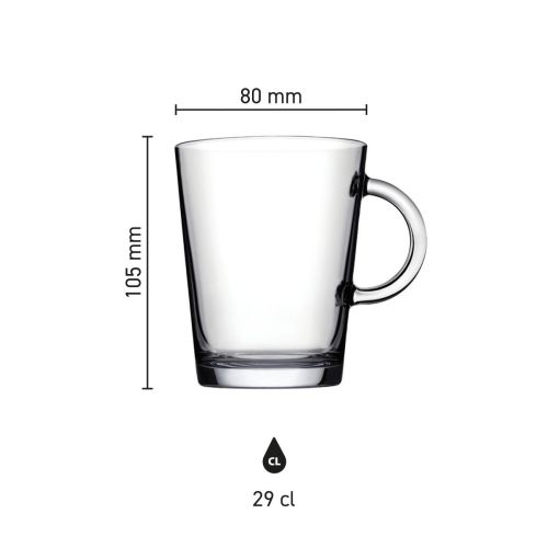 Infographic toont hoogte, diameter en inhoud van het theeglas Tribeca 29 cl. in detail.