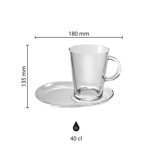 Infographic met productafmetingen van Tribeca Thee 40 cl. glas en schotel.