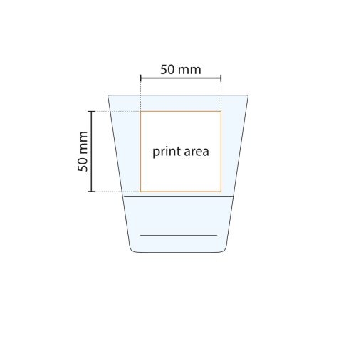 Technische werktekening van waterglas 31 cl met gemarkeerd drukgebied voor logo- of tekstbedrukking.