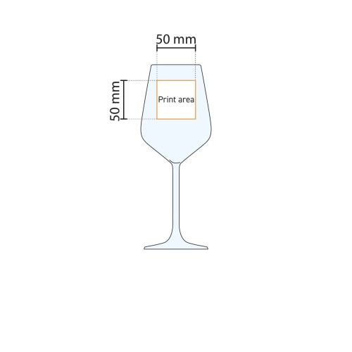 Technische werktekening met aanduiding van het drukgebied op het Allegra wijnglas van 49 cl.