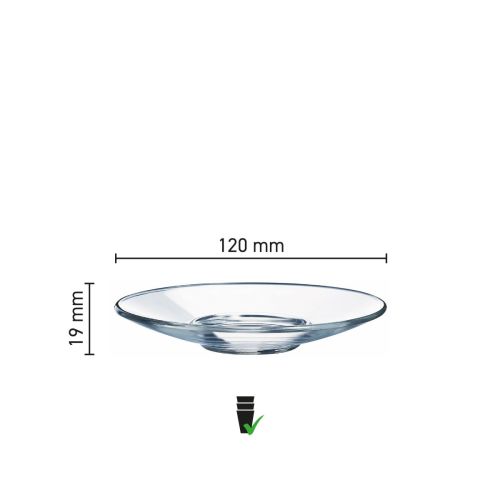 Infographic met afmetingen van het Aroma Schotel Espressoglas 12 cm van helder glas.