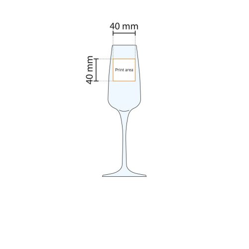 Drukgebied werktekening van glazen Aurum champagneflute 23 cl, toont bedrukkingspositie en -formaat.