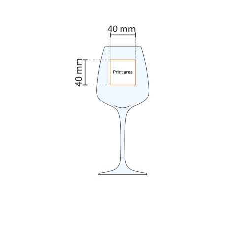 Drukgebied werktekening van Aurum wijnglas 35 cl. met gemarkeerde bedrukkingsposities.