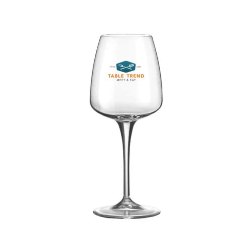 Full-colour bedrukking van TableTrend-logo op voorzijde van Aurum wijnglas 35 cl.
