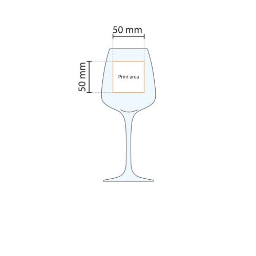 Technische werktekening met drukgebied van Aurum wijnglas 43 cl, toont bedrukbare zone.