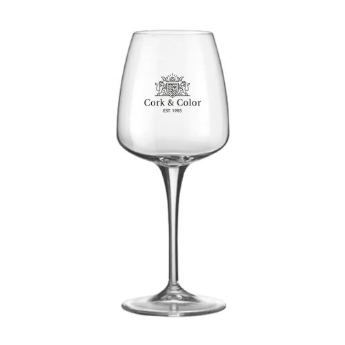 Bedrukking van CorkColor-logo in één kleur op voorzijde van Aurum wijnglas 43 cl.