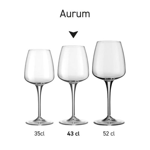 Weergave van Aurum wijnglazen in een serie, toont gelijke vorm en afwerking.
