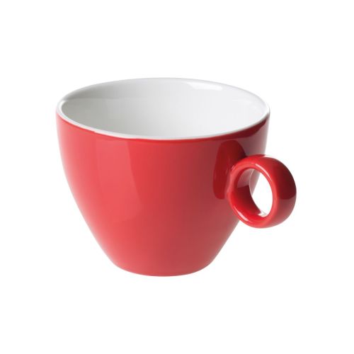 Rood-witte Bart Cappuccino kop 23 cl in porselein, vooraanzicht met licht toelopende vorm en glad oppervlak.
