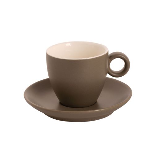 Vooraanzicht van Bart Koffie 17 cl set in mat bruin porselein, bestaande uit kopje en schotel.