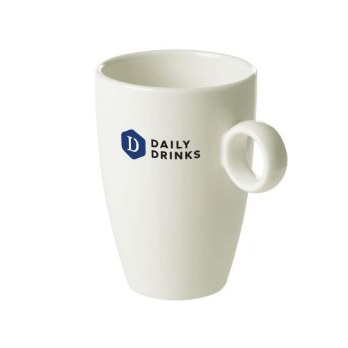 Vooraanzicht van Bart mok 23 cl porselein met meerkleurig DailyDrinks-logo.