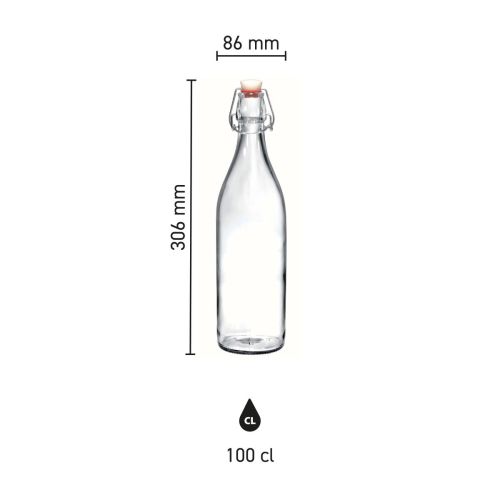 Infographic met maatvoering van ronde glazen beugelfles Giara 1 liter met beugelsluiting.