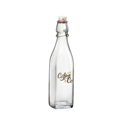 Vierkante glazen beugelfles van 0,5 liter met full-colour CoffeeCo-logo bedrukt op het vooraanzicht.