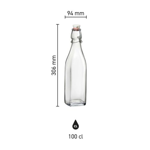 Infographic toont afmetingen van vierkante Swing glasfles 1 liter met beugelsluiting.
