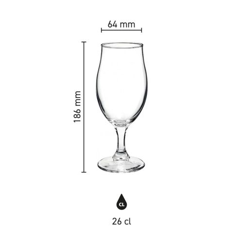 Infographic met afmetingen van het Executive bierglas 38 cl., inclusief hoogte en diameter.