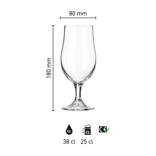 Visuele infographic toont afmetingen van het bierglas Munich 38 cl.