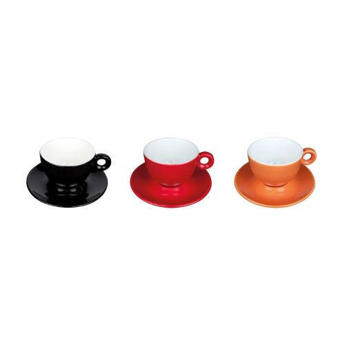 Kleuroverzicht van Bola cappuccinoset 20 cl. in porselein, diverse kleurvarianten naast elkaar.