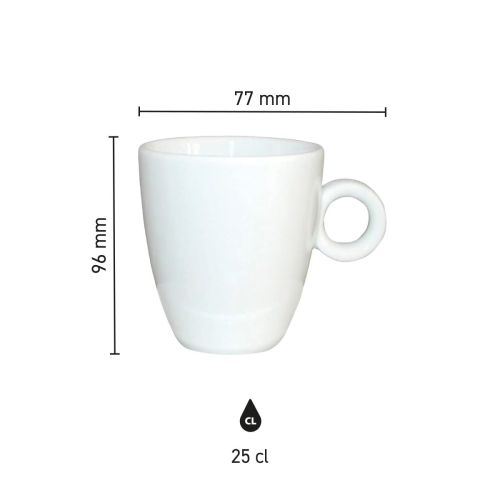 Infographic met maatvoering van Bola Cappuccino kop hoog wit 25 cl. porselein toont hoogte en diameter.