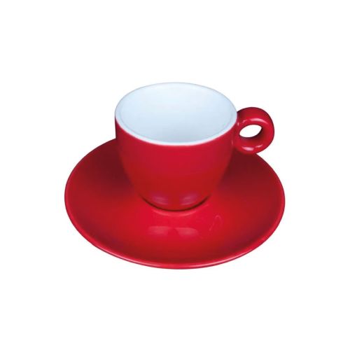 Bola Set 8 cl. in vooraanzicht, rood-wit porselein met glad oppervlak.