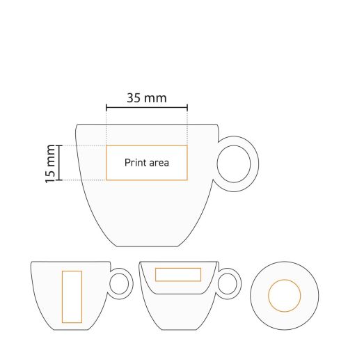 Technische werktekening met drukgebied op de voorzijde van Bola espresso kop 8 cl in wit porselein.
