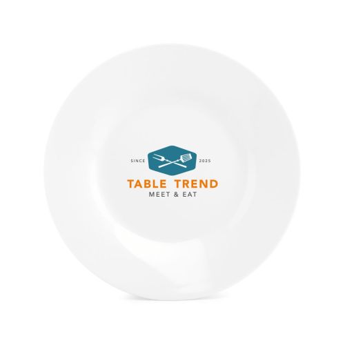 Porseleinen bord Basic 20 cm voorzien van meerkleurig TableTrend-logo op het voorvlak.