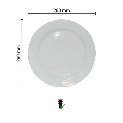 Infographic toont afmetingen van het bord 28 cm porselein.